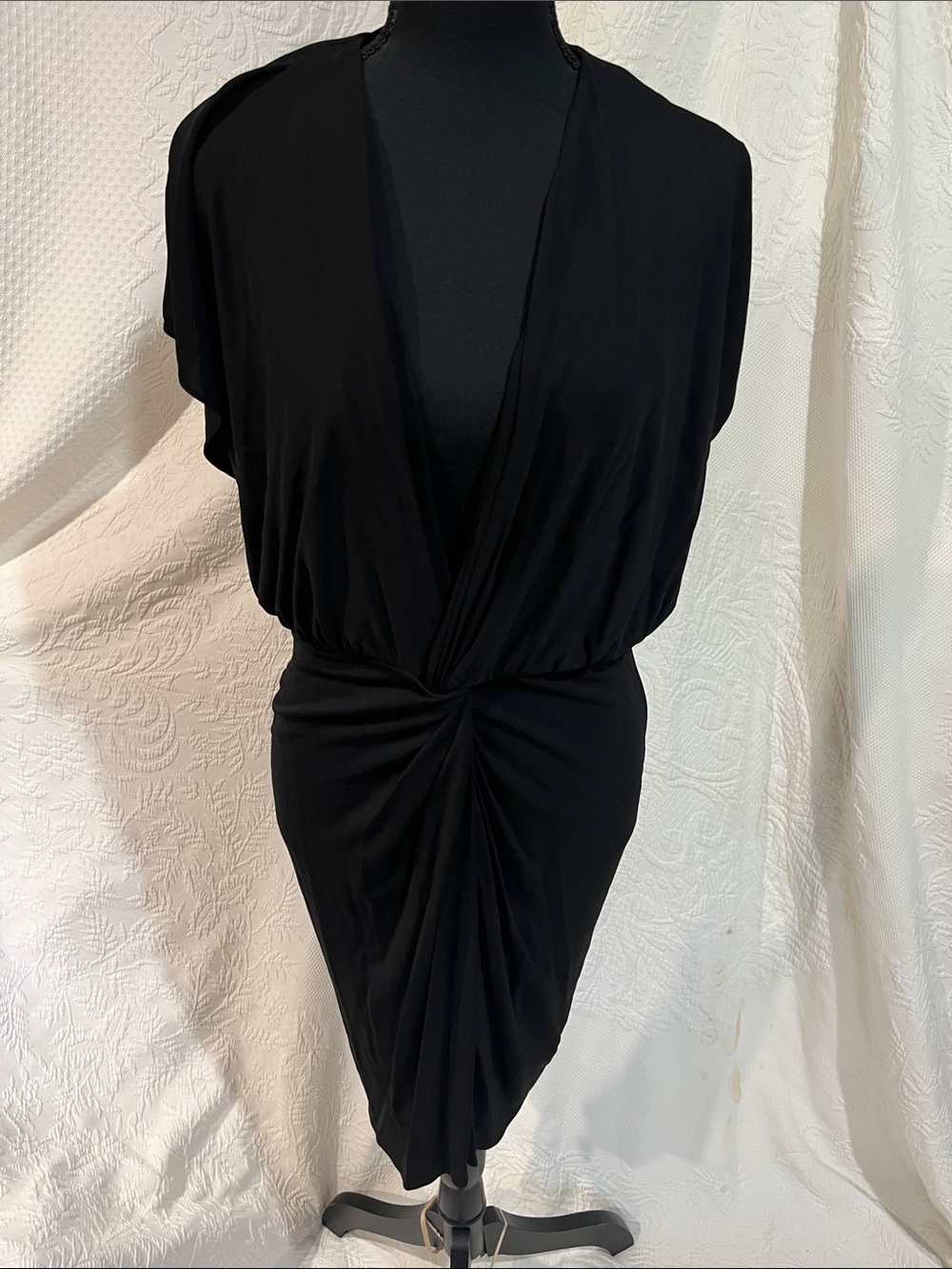 Haute Hippie Deep V and Open Back Black Twist-Front Draped Midi Dress, size smal